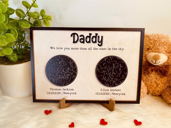 A wooden sign laser-etched with a real night sky star map from a specific date — turns 'the day you became a dad' into a permanent piece of wall art.