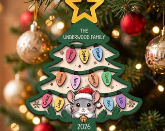 Personalized Chinchilla Christmas Ornament, Custom Family Tree Name Ornament, Wooden Multi Name Holiday Keepsake, Cute Pet Lover Christmas