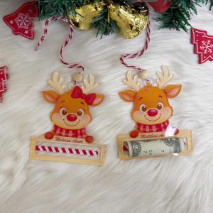 Personalized Acrylic Christmas Money Holder 2 Sided, Here’s A Few Bucks for Christmas, Reindeer Money Holder, Christmas Cash holder Gift