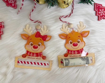 Personalized Acrylic Christmas Money Holder 2 Sided, Here’s A Few Bucks for Christmas, Reindeer Money Holder, Christmas Cash holder Gift