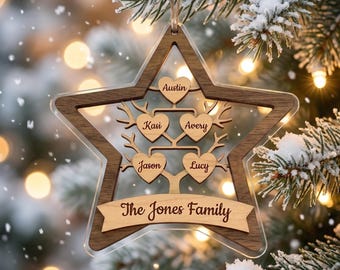 Adorno navideño personalizado en forma de estrella, adorno personalizado con el nombre del árbol genealógico, decoración rústica de madera de nogal y arce en capas, regalo navideño único para guardar como recuerdo.