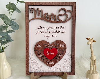 Letrero de rompecabezas personalizado para el Día de la Madre, Eres la pieza que nos mantiene unidos, regalo para el Día de la Madre, regalo para mamá, letrero de madera grabado