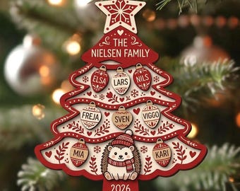 Personalized Family Christmas Tree Ornament, Custom Names Holiday Keepsake with Cute Hedgehog, Nordic Style Wooden Christmas Decor, Family