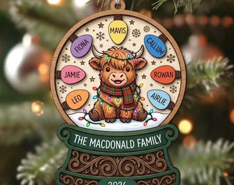 Personalized Highland Cow Christmas Ornament, Custom Family Snow Globe Ornament, Cute Highland Calf with Christmas Lights Keepsake