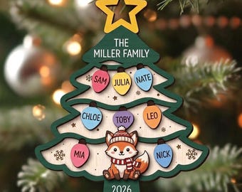 Personalized Family Christmas Tree Ornament, Custom Name Lights Wooden Ornament, Cute Fox Holiday Keepsake, Grandkids Family Gift 2026 2026
