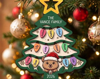 Personalized Family Christmas Tree Ornament, Custom Names Holiday Lights Keepsake, Cute Santa Bear Wooden Bauble, Large Family Christmas