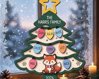 Personalized Family Christmas Tree Ornament, Custom Wooden Family Ornament with Names and Fox, 2026 Holiday Keepsake, Gift for Grandparents