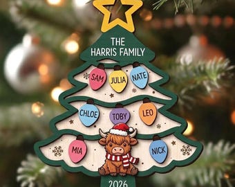 Personalized Highland Cow Family Christmas Ornament, Custom Christmas Tree Ornament with Names, Layered Wooden Family Holiday Keepsake Gift