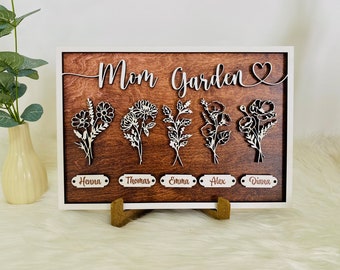 Letrero personalizado del jardín de mamá con nombre personalizado y flores del mes de nacimiento, apellido personalizado, regalo perfecto para mamá