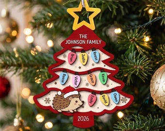 Personalized Family Christmas Ornament with Cute Hedgehog, Custom Names Tree Ornament with Light Bulbs, Wooden Family Keepsake Holiday Gift