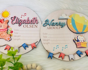 Sinal de nome de bebê de boas-vindas personalizado 3d, balão de ar quente de urso de nascimento, anúncio de bebê, sinal de bebê de hospital, adereço de foto de nascimento, presente personalizado