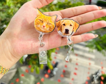 Personalized Pet Badge Reel, Custom Dog face, Custom Cat face, Custom Photo Badge Reel,Name Badge,Nurse Badge, Doctor, Teacher Gift