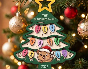 Personalized Family Christmas Ornament, Custom Wood Christmas Tree Ornament with Names, Light Bulb Name Bauble, Large Family Keepsake Gift
