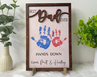 Personalized DIY Handprint Sign, Father&#39;s Day Gift, Father&#39;s Day Wooden Sign, Hands Down Best Dad Ever, Personalized Engraved Wooden Sign