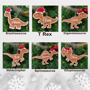 Op de afbeelding: Een verzameling van zes houten dinosaurusornamenten, elk met een rood-witte kerstmuts met een jaartal erop gedrukt. De dinosaurussen zijn gelabeld als Brachiosaurus, T Rex, Giganotosaurus, Velociraptor, Spinosaurus en Dilophosaurus met namen.