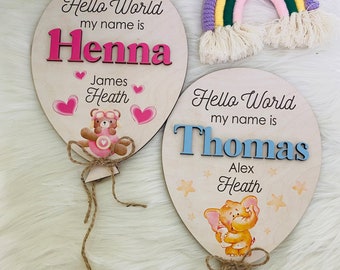 Baby Name Wooden Balloons, Welcome to the World, Hello World, Baby Name Plaque, Sign Announcements, Birth Announcement