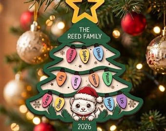 Personalized Ferret Christmas Ornament, Custom Family Tree Ornament with Names on Christmas Lights, Ferret Lover Holiday Decor Keepsake