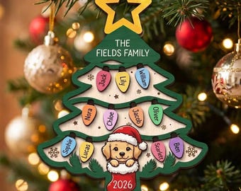 Personalized Family Christmas Tree Ornament with Dog, Custom Name Christmas Lights Wooden Ornament, Large Family Keepsake for Dog Lovers