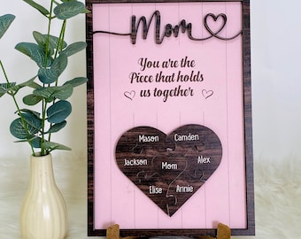 Regalo personalizado para mamá, Eres la pieza que nos mantiene unidos, Nombre personalizado Puzzle Mamá Signo, Regalo del Día de las Madres
