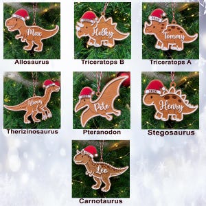 Op de afbeelding: Een collectie van zeven houten dinosaurusornamenten, elk met een rood-witte kerstmuts met een jaartal erop gedrukt. De dinosaurussen omvatten Allosaurus, Triceratops, Therizinosaurus, Pteranodon, Stegosaurus en Carnotaurus, elk voorzien van een aangepaste naam in wit schrift.