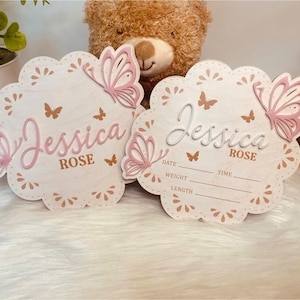 Nom personnalisé de bébé fille avec papillon, panneau de faire-part de bébé pour l'hôpital, panneau de nom de bébé en bois, panneau de faire-part de naissance
