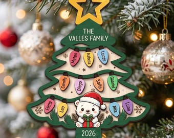 Personalized Family Christmas Tree Ornament, Custom Names Holiday Light Bulbs Keepsake, Wooden Cute Bear Christmas Tree Decor
