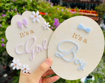 Letrero de hospital personalizado para revelar el género, letrero de madera con flores de margaritas "Es un niño", letrero de hospital para revelar el género.
