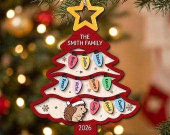 Personalized Family Christmas Tree Ornament, Custom Family Name Ornament with Hedgehog and Light Bulbs, Large Family Keepsake Gift