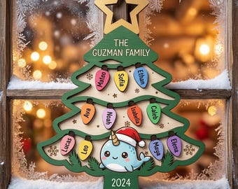Personalized Family Christmas Tree Ornament with Names, Cute Narwhal Christmas Ornament 2026, Custom Wooden Light Bulb Family Keepsake Gift