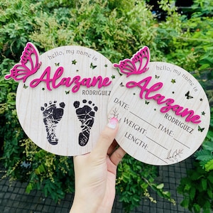 Personalize Baby Birth Information ,Memories of Footprints, Baby Name, Footprint keepsake, Birth Stat Sign Butterfly, Newborn Sign
