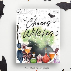 Cheers Witches - ハロウィーン デジタル サイン - 不気味、大人のパーティー、独身、独身女性、結婚式、シャワー、パーティー、カクテル、ドリンク、大釜
