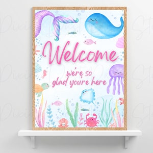 Girls Under The Sea Animals, Welcome Sign Printable Girl Baby Shower Birthday Party, Mermaid, Download, Decorations, Decor Ready to Print