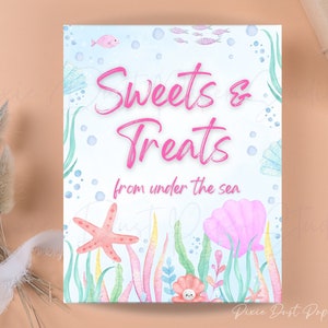 Girls Under The Sea Animals, Sweets and Treats Dessert Table Sign Printable Ocean, Girl Baby Shower Birthday Party Decor Ready to Print