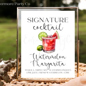Signe de barre de boisson de cocktail de signature de pastèque, modèle modifiable, téléchargement immédiat imprimable, décoration minimaliste de partie de douche de mariage