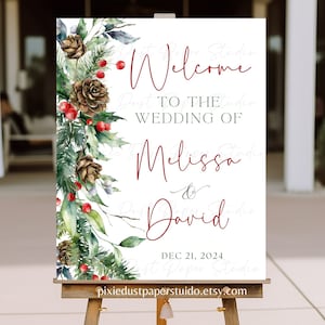 Custom Printed or Digital Christmas Wedding Entry Welcome Sign, Ceremony, Reception, Decor, Winter, Holiday, Red, Green, Berries, Pinecones