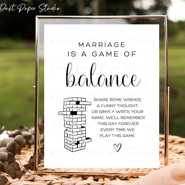 Jenga Guestbook Digital Sign, 4x6 5x7 8x10, Instant Download, Printable, Minimalist, Wedding, Marriage A Game Of Balance, Wedding Game Sign