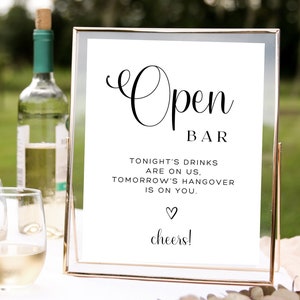Open Bar, Drinks On Us, Hangover Is On You, Digital Sign 4x6 5x7 8x10, Minimalist, Drinks, Wedding, Event, Party, Complimentary Alcohol, Bar