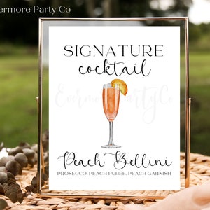 Peach Bellini Signature Drink Cocktail Bar Sign, Editable Template, Prosecco Recipe, Instant Download, Wedding Shower Party Event Decor