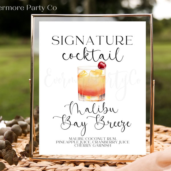 Malibu Bay Breeze Signature Cocktail Drink Bar Sign, Editable Template, Instant Download, Rum, Wedding Shower Party Event, Minimalist Decor