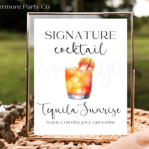 Tequila Sunrise Signature Cocktail Drink Bar Sign, Instant Download, Wedding, Event, Party, Minimalist, DIY Decor, Print, Editable Template