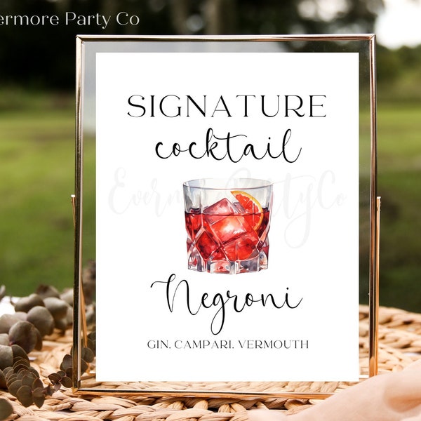 Negroni Signature Cocktail Drink Bar Sign, Editable Template, Gin Campari, Instant Download Wedding Bridal Event Party Minimalist DIY Decor