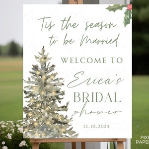 Es la temporada para casarse, despedida de soltera de Navidad de invierno, signo de bienvenida, boda, vacaciones, novia, árbol del bosque, nieve, verde oliva, decoración