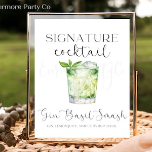Gin Basil Smash Signature Cocktail Drink Bar Sign, modello modificabile, download istantaneo, grappa alla tequila, decorazione per eventi doccia festa di nozze