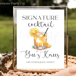 Bee's Knees Signature Cocktail Drink Bar Zeichen, bearbeitbarer Download, sofortiger Download druckbar, Hochzeit Dusche Party minimalistische Dekorationen