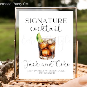 Jack and Coke Signature Cocktail Drink Bar Sign, Editable Template, Instant Download Printable, 5x7 8x10, Wedding Shower Party Decorations