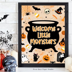 Welcome Little Monsters - Halloween Digital Sign - 5x7, 8x10, Dessert Table, Orange, Black, Kids Party, Home Decor, Spooky Cute, Scary