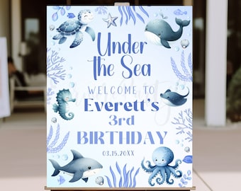 Modello modificabile di cartello di benvenuto per festa di compleanno per ragazzi blu sotto il mare, tela, sotto il mare, animali dell'oceano, decorazioni fai da te per l'ingresso 8x10 16x20