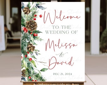 Custom Printed or Digital Christmas Wedding Entry Welcome Sign, Ceremony, Reception, Decor, Winter, Holiday, Red, Green, Berries, Pinecones