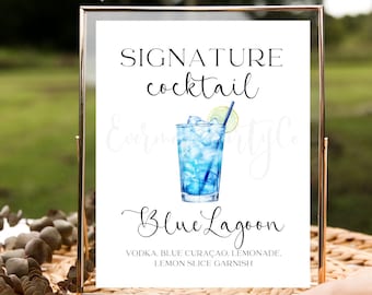 Blue Lagoon Signature Cocktail Drink Bar Sign, Bewerkbare sjabloon, Instant Download Printable, Wodka, Bruiloft Douche Party Event Decor