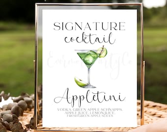 Appletini Martini Signature Cocktail Drink Bar Sign, Editable Template, Instant Download, Vodka, Wedding Party Shower Event Decor